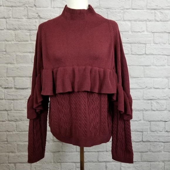 Project Naadam maroon red mock neck ruffle cable knit sweater women's  M NWT - Picture 4 of 7